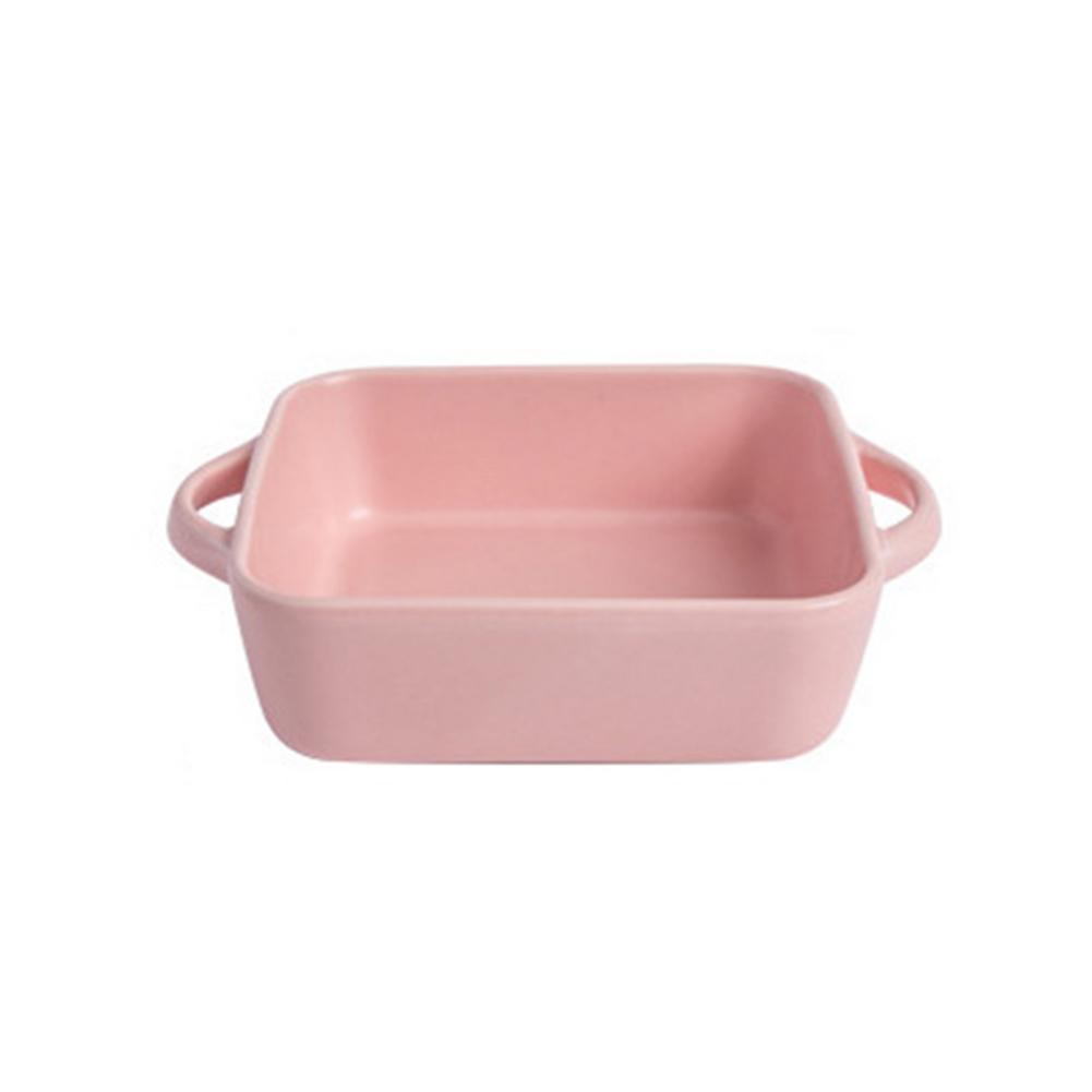 Ceramic Color Glaze Binaural Baking Dish Simple Pasta Baked Rice Dish Square Salad Deep Dish Oven Baking Utensils: Pink