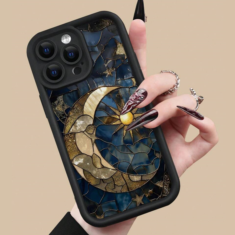 Esthetisch glazen telefoonhoesje van siliconen met zon- en maanprint voor iphone 16 14 12 13 11 15 pro max x  xs 7 8 plus, schokbestendige zachte hoes