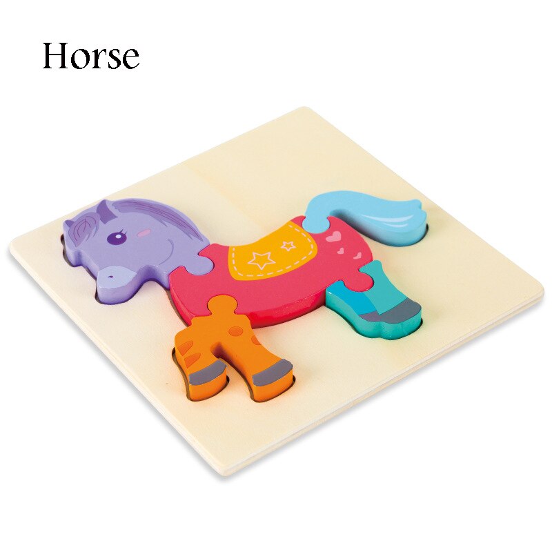 Wooden Puzzle Toys Cartoon Animal Wood Puzzles Cognition Educational Toy Baby Busyboard Smooth No Smell Thicken 3D Jigsaw toy: Horse