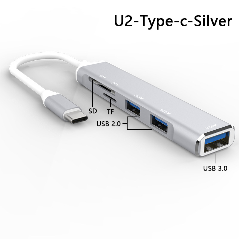 UTHAI SRJ Aluminum Alloy USB3.0/type-c Splitter 5 in 1/4 in 1 Docking Hub with Card Reader TF/SD USB3.0*1/2.0*3: U2-Type-c silver