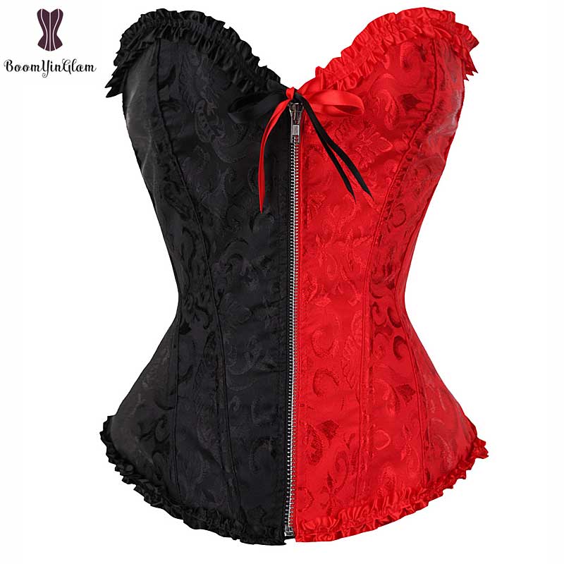 Bloemen Corset Laciness Rits Bustier Elastische Uitgebeend Plus Size Gothic Korset Nacht Clubwear Corselet Side Red Side Zwart: side black side red / M