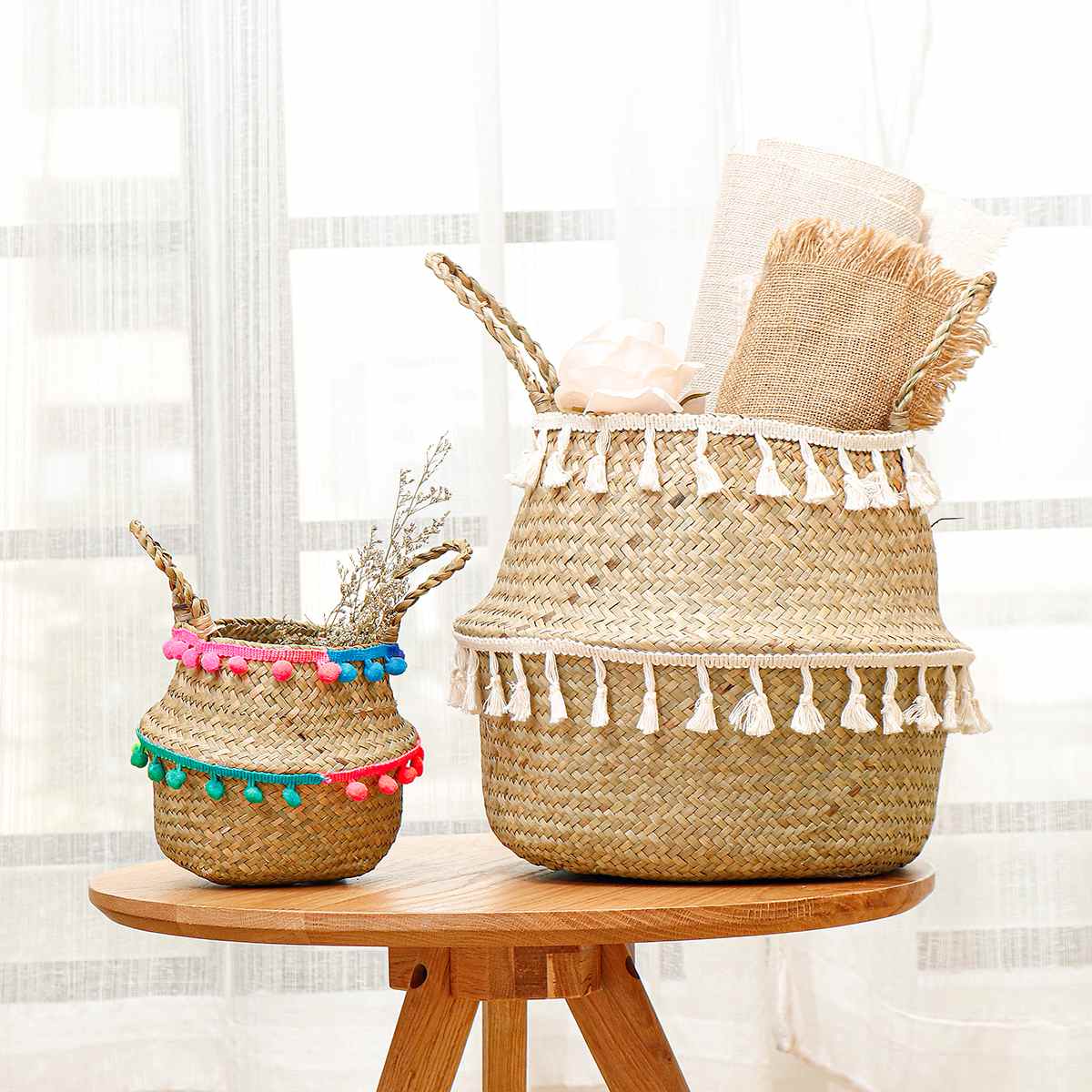 Panier de rangement pliable en osier avec pompon | Pot de fleurs naturel tissé à la maison, panier à linge