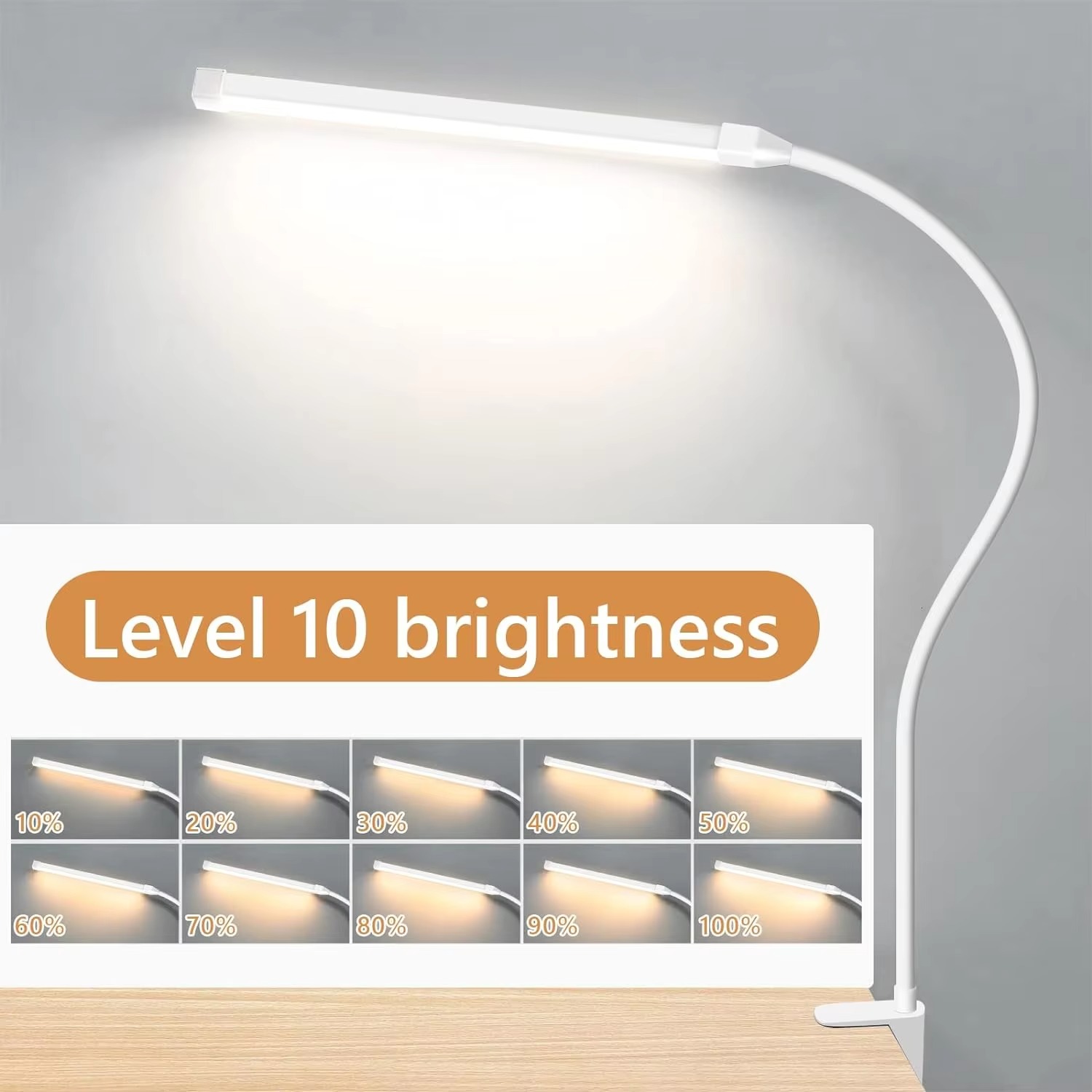 Metalen LED-bureaulamp met klem Oogverzorgend clip-on licht 3 modi 10 instelbare helderheid Lange flexibele zwanenhals voor thuiskantoor