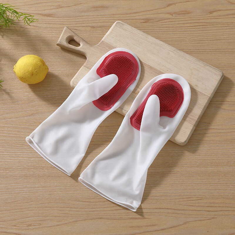 Household washing gloves brush plastic latex waterproof kitchen cleaning household washing gloves kitchen kitchen gloves: Double brush red