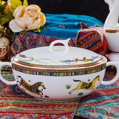 Ceramic Flatware Tableware Set Rice Pasta Bowl Plate Fish Dish Soup Pot Spoon Bone China War Horse Kitchen Utensil Wedding