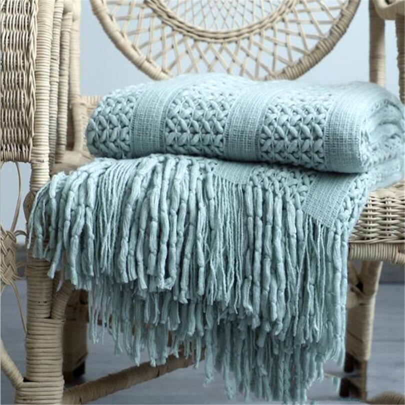 170cm Knitted Blankets Tassel Sofa Throw Thread Blanket Super Soft Baby Blanket Cotton Chenille Bedding Quilt Sherpa Blanket: Blue