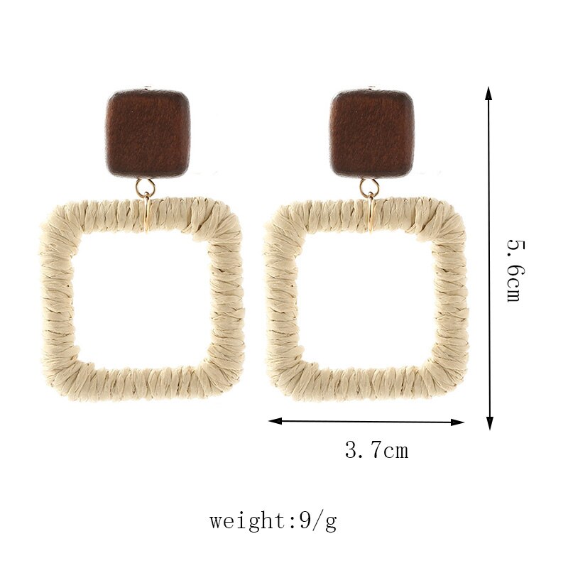 Female Bohemian Handmade Vine Rattan Straw Woven Dangle Earrings For Women Boho Geometric Square Wooden Earring Jewelry