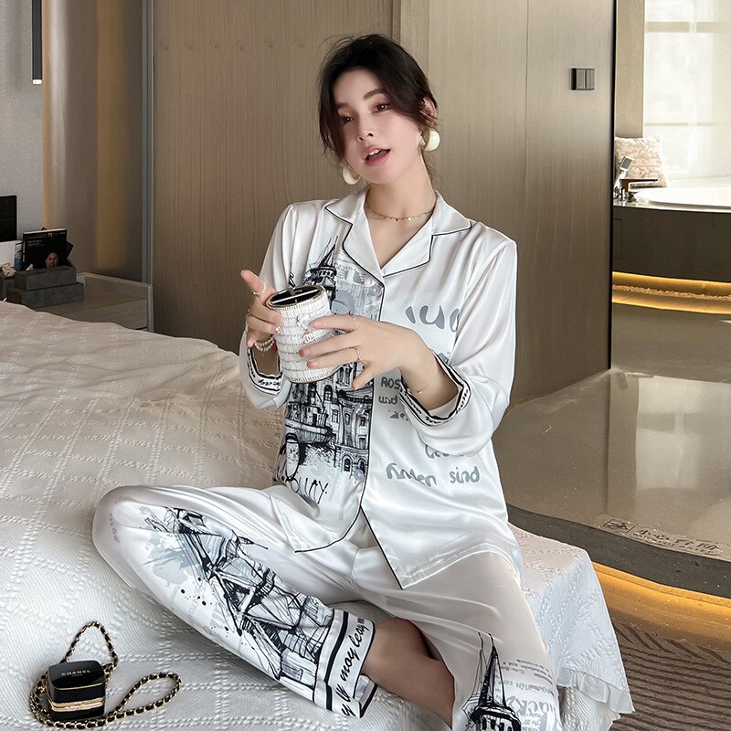 #39 pyjamassæt til kvinder med blæk byprint nattøj silkelignende hjemmetøj v-hals nattøj пижама женская