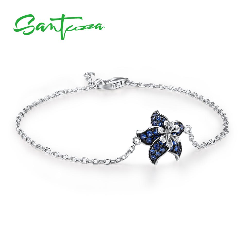 SANTUZZA Silver Bracelet For Women Authentic 925 Sterling Silver Delicate Dainty Blue Star Flower Adjustable Fine Jewelry