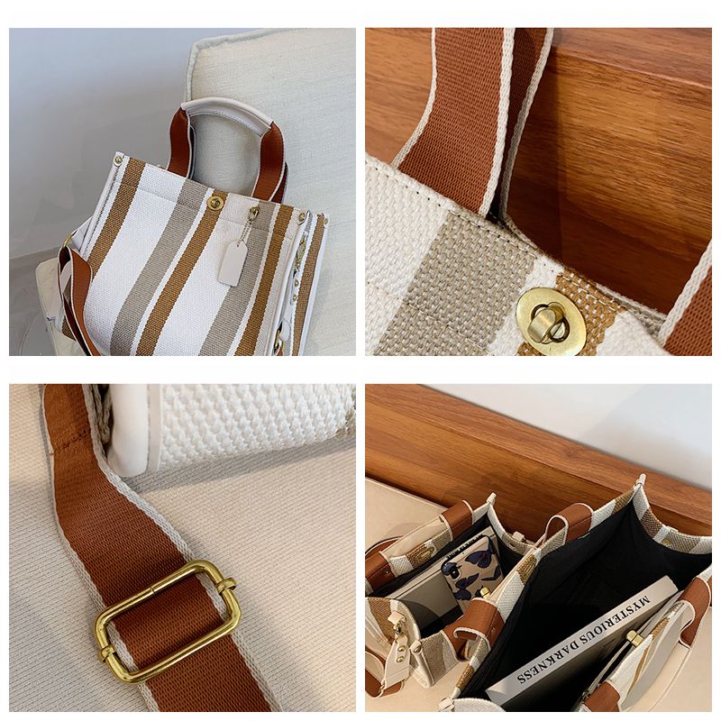 Mode Gestreepte Canvas Vrouwen Schoudertas Grote Capaciteit Shopper Tassen Voor Vrouwen Casual Brede Band Handtas Vrouwen Tas Pendelen tote