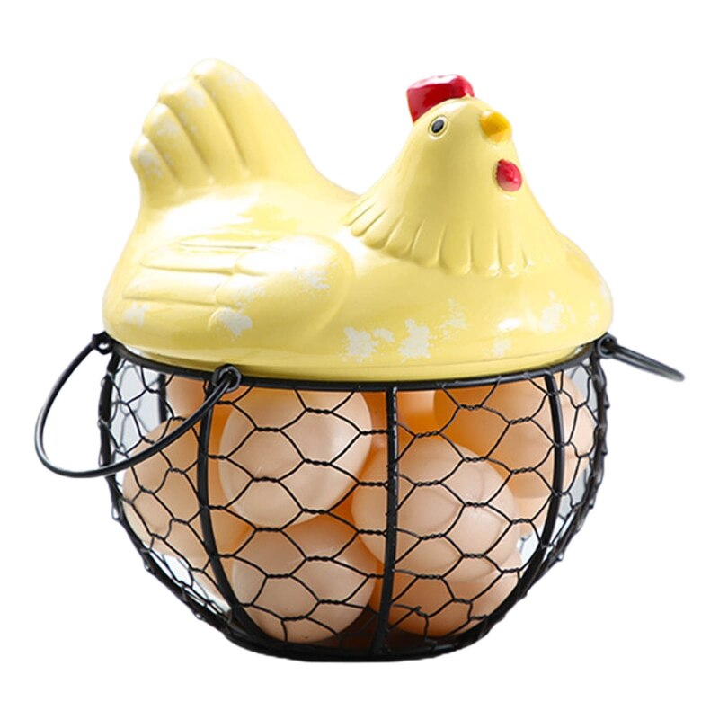 Egg Holder Iron Chicken Shape Ceramic Hen Ornament Fruit Storage Basket Durable: Yellow