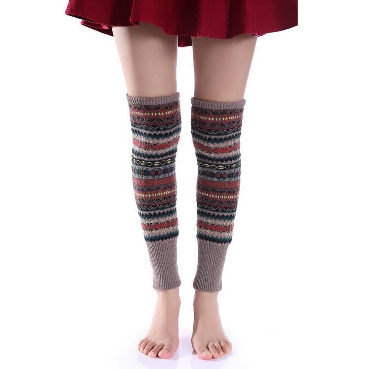 Kvinder benvarmere bohemis uld benvarmere hæklede strikkede lange benvarmere patchwork knæhøje varme støvlesokker kvinder: Khaki