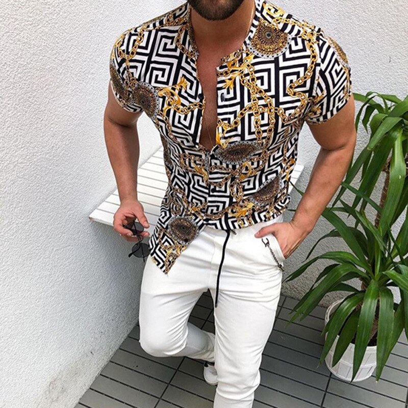 Sommer nation stil mand skjorte herrer etnisk trykt stand krave stribe kortærmet løs hawaiisk henley skjorte: M