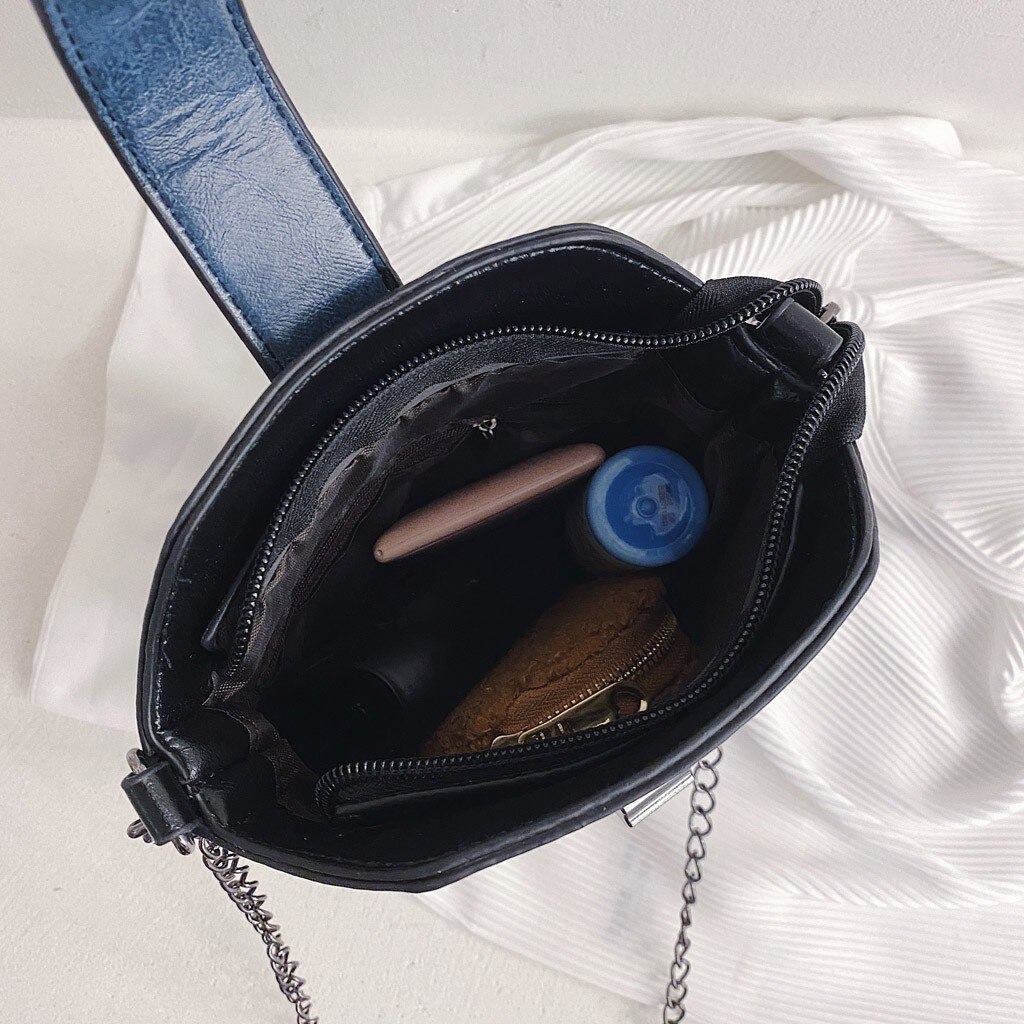 Casual Women's Blue Shoulder Bags Large Capacity Luxury Chain Bucket Purse PU Leather Women Crossbody Bags Solid Color