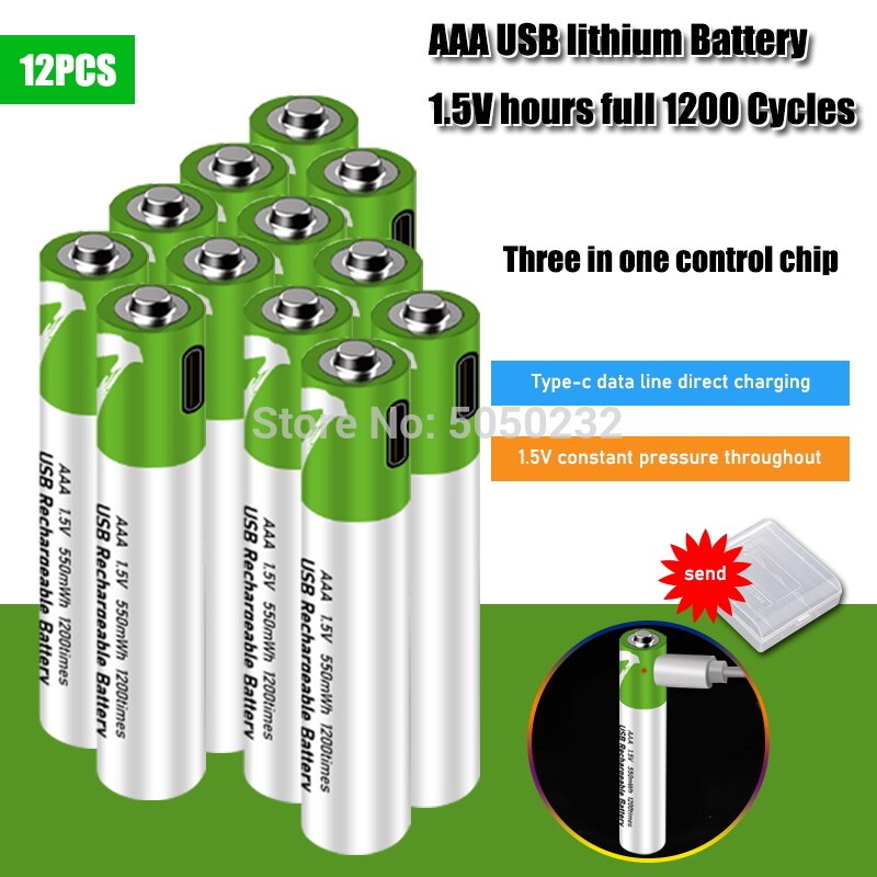 AAA Rechargeable Batteries - 1.5V 550mWh USB Li-Ion - Pack of 4, 8, 12, or 20: 12 pcs