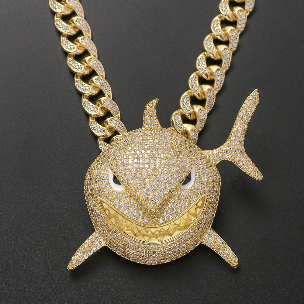 Glacé grande taille 6IX9INE requin pendentif 2 couleurs AAA Zircon collier pour hommes femmes Hip hop bijoux: G with Cuban Chain / 24 inch