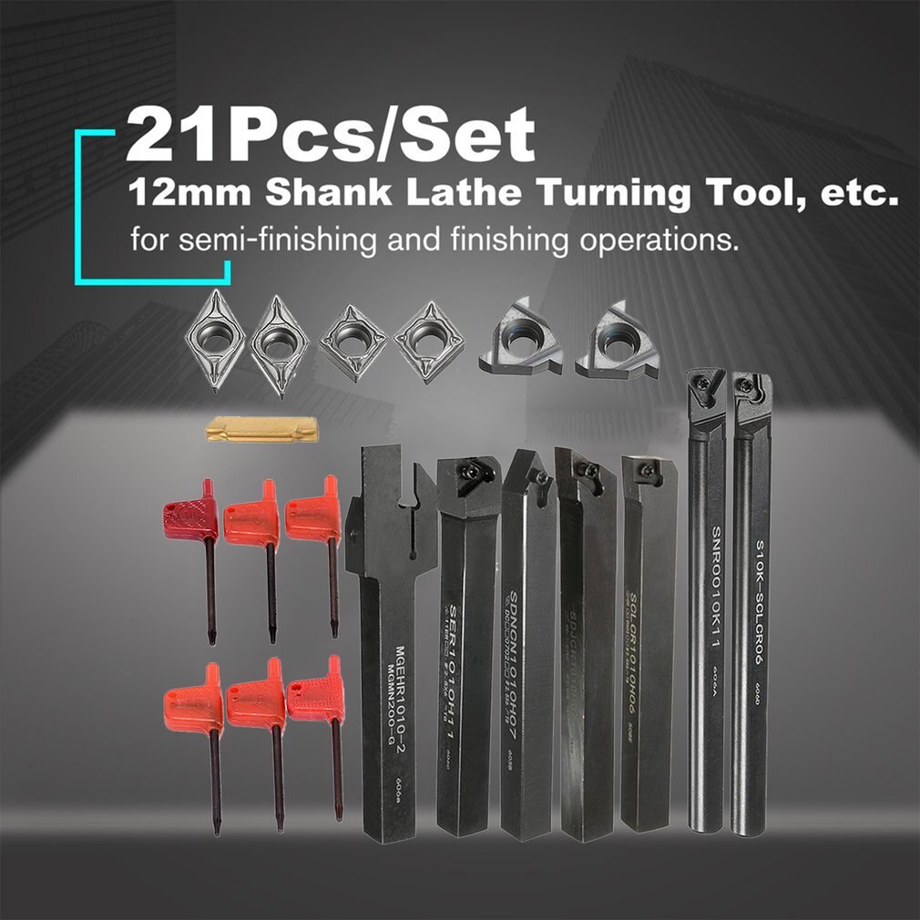 21Pcs/Set 12mm Shank Lathe Turning Tool Holder Boring Bar + Insert Blades + Wrench S12M-SCLCR06/SER1212H16/SCL1212H06