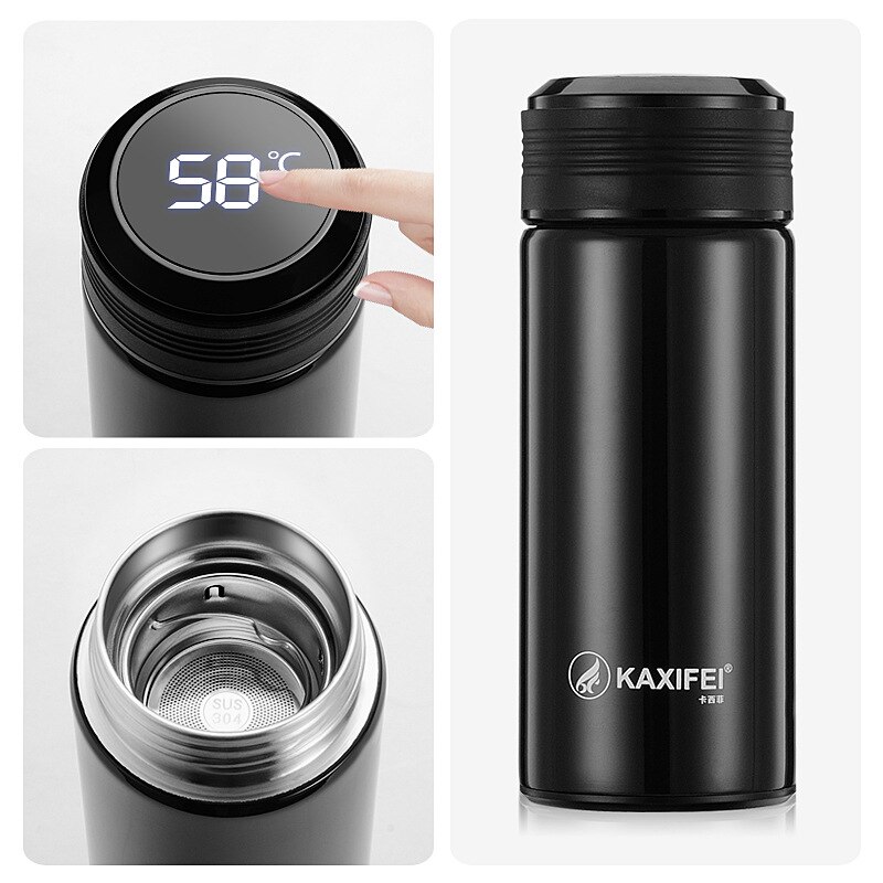 Glass Tea Thermos Vacuum Cup Thermoses Tea Mug Cup Thermos Temperature Display Glass Bottle Tea Infuser Thermal Cup Mug: Black-LCD 300ML