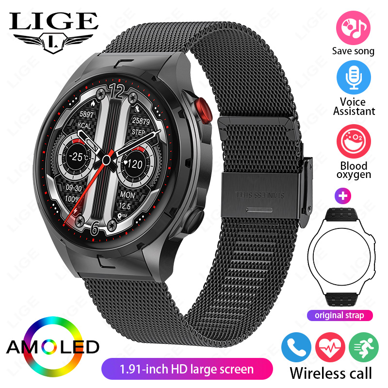 LIGE AMOLED Screen ricarica Wireless NFC Smart Watch Sport impermeabile orologio da uomo Smartwatch da donna 1GB grande memoria chiamata Bluetooth: Grigio