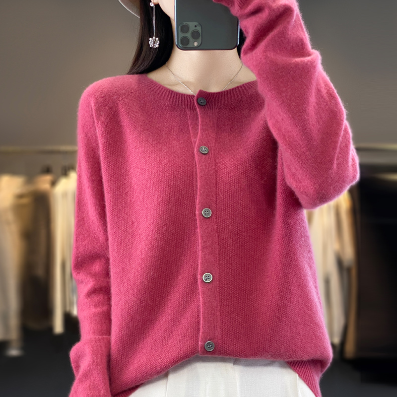 Kvinder 100%  merinould cardigans cashmere sweater efterår vinter o-hals langærmet strikvarer dame basistøj toppe