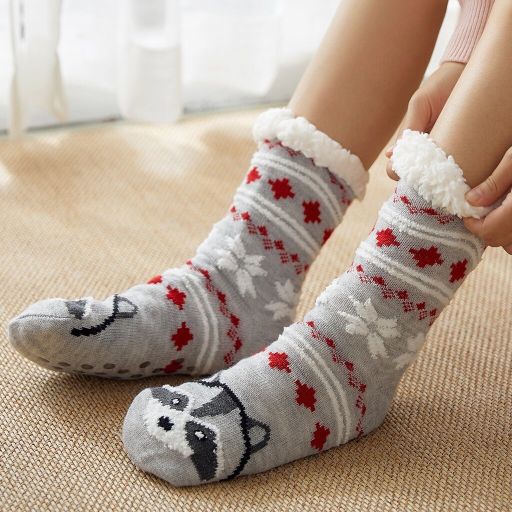 Kerst Sokken Vrouwen Katoenen Sokken Print Dikkere Plus Fluwelen Anti-Slip Vloer Sokken Winter Warm Tapijt Sokken Dames Grappig sokken: M