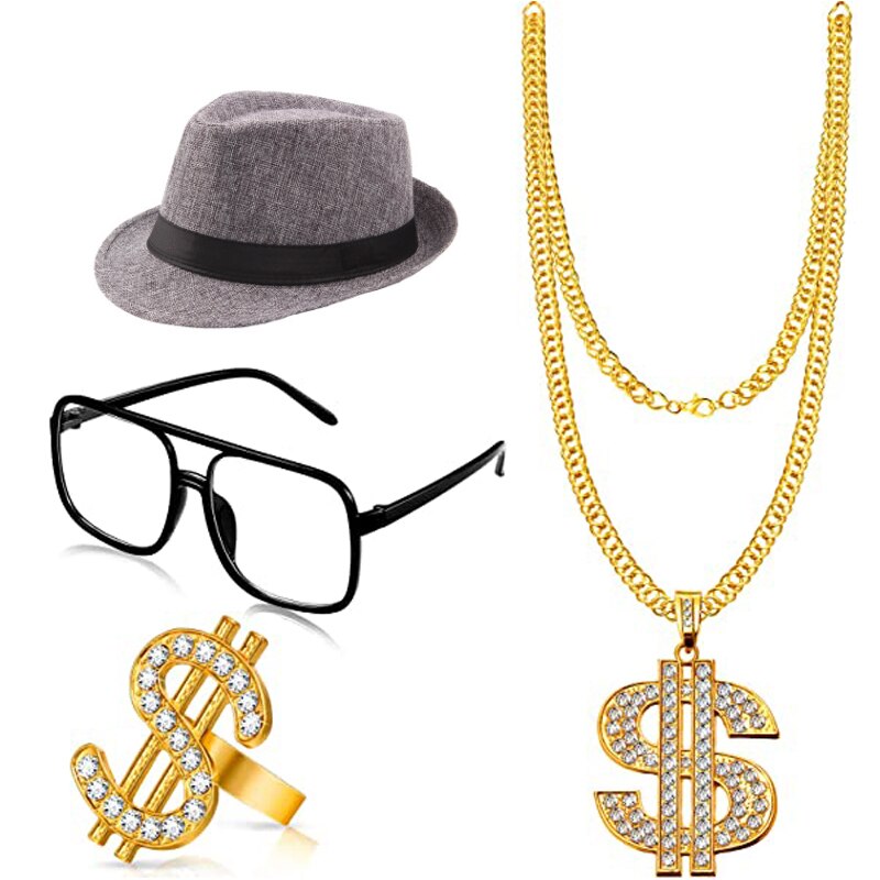 4 stykker hip hop kostume sort hvid hat briller dollarskilt guld kæde ring hip hop 80s/90s rapper tilbehør halloween fest: Mørkegrå