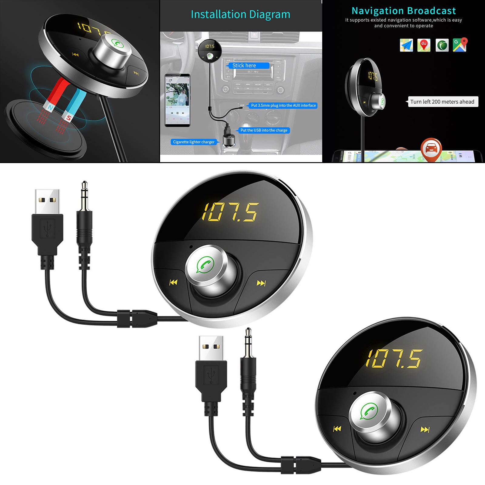 Car MP3 Player Bluetooth FM Radio Transmitter Kit, Hands-Free Talking