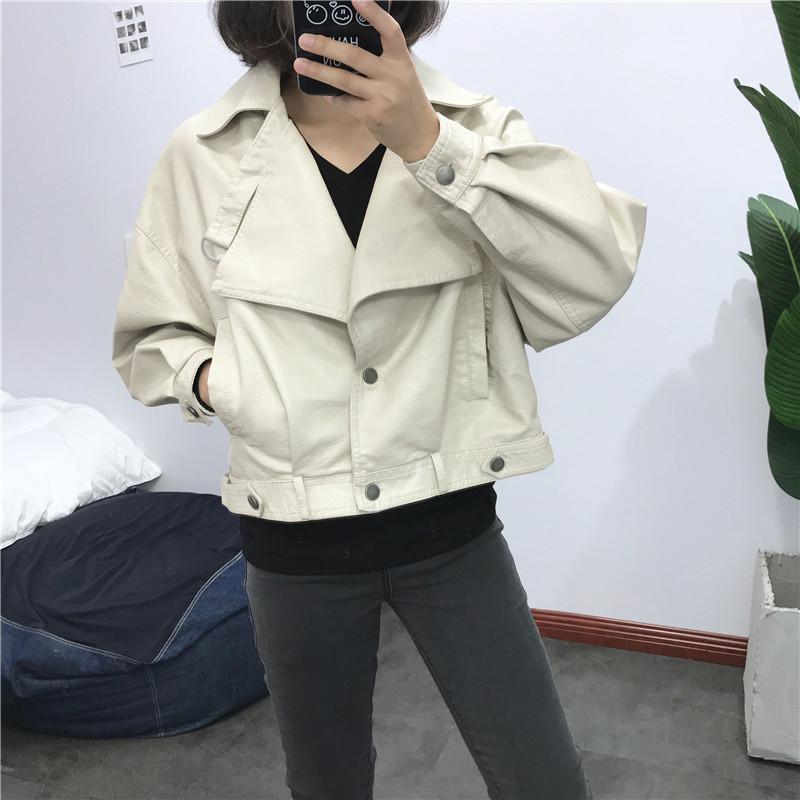 FTLZZ-SACO Bomber de mujer, chaqueta de piel sintética, abrigos de motorista para mujer, prendas de vestir Punk Vintage, chaquetas cortas rojas y verdes para motocicleta: Beige / M