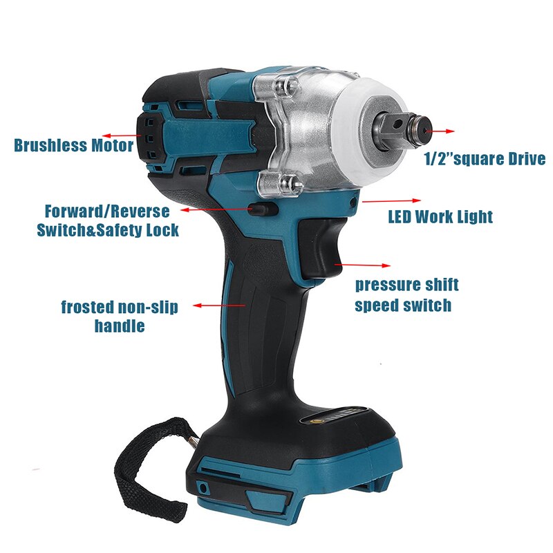 Makita18V Battery 280 N.m Cordless Electric Impact Wrench Motor 1/2 Square Brushless Rechargeable Wrench LED Light Power Tools