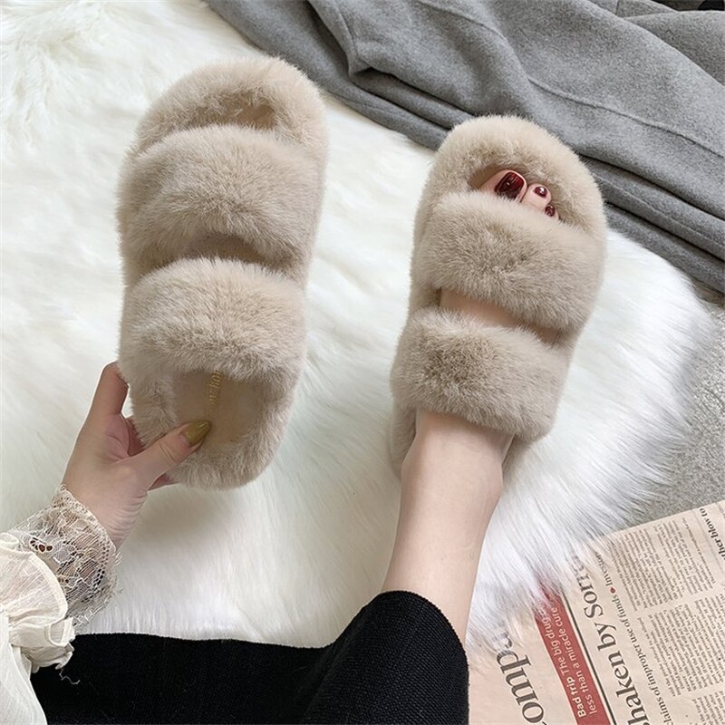 Enplei kvinner vinterhus fuzzy slippers pels varme sko kvinne slip on flats kvinnelige furry slides koselig hjem str 35-40