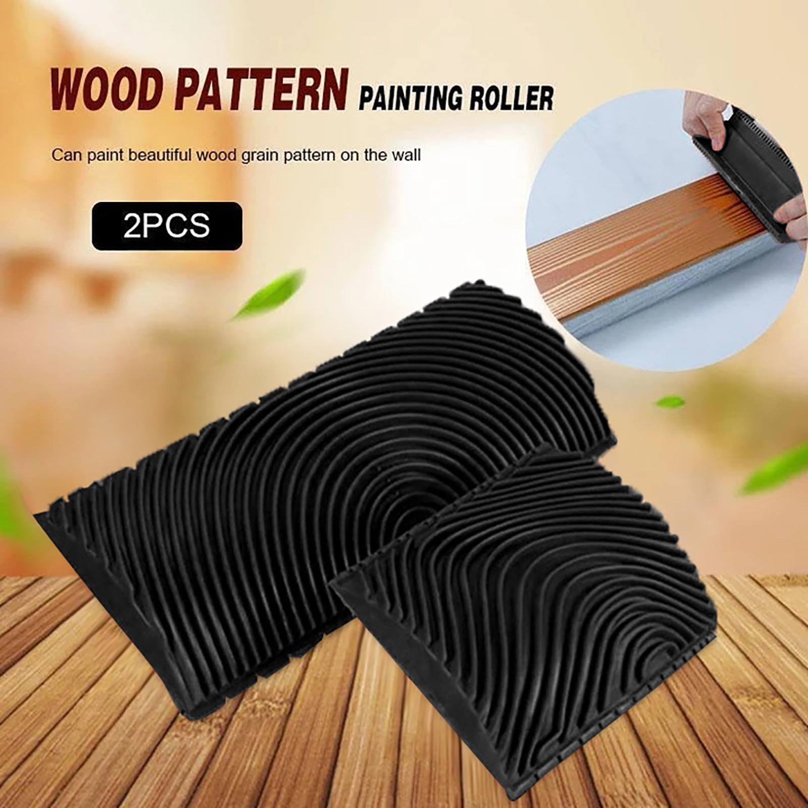40# 2pcs Rubber Paint Roller Imitation Wood Graining Pattern Wall Texture Art Rubber Wood Grain Painting Tool Home Decoration