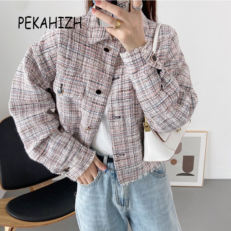 Manteau court Vintage à franges pour femmes, veste à carreaux avec poches et boutons, vêtement d'extérieur Chic,