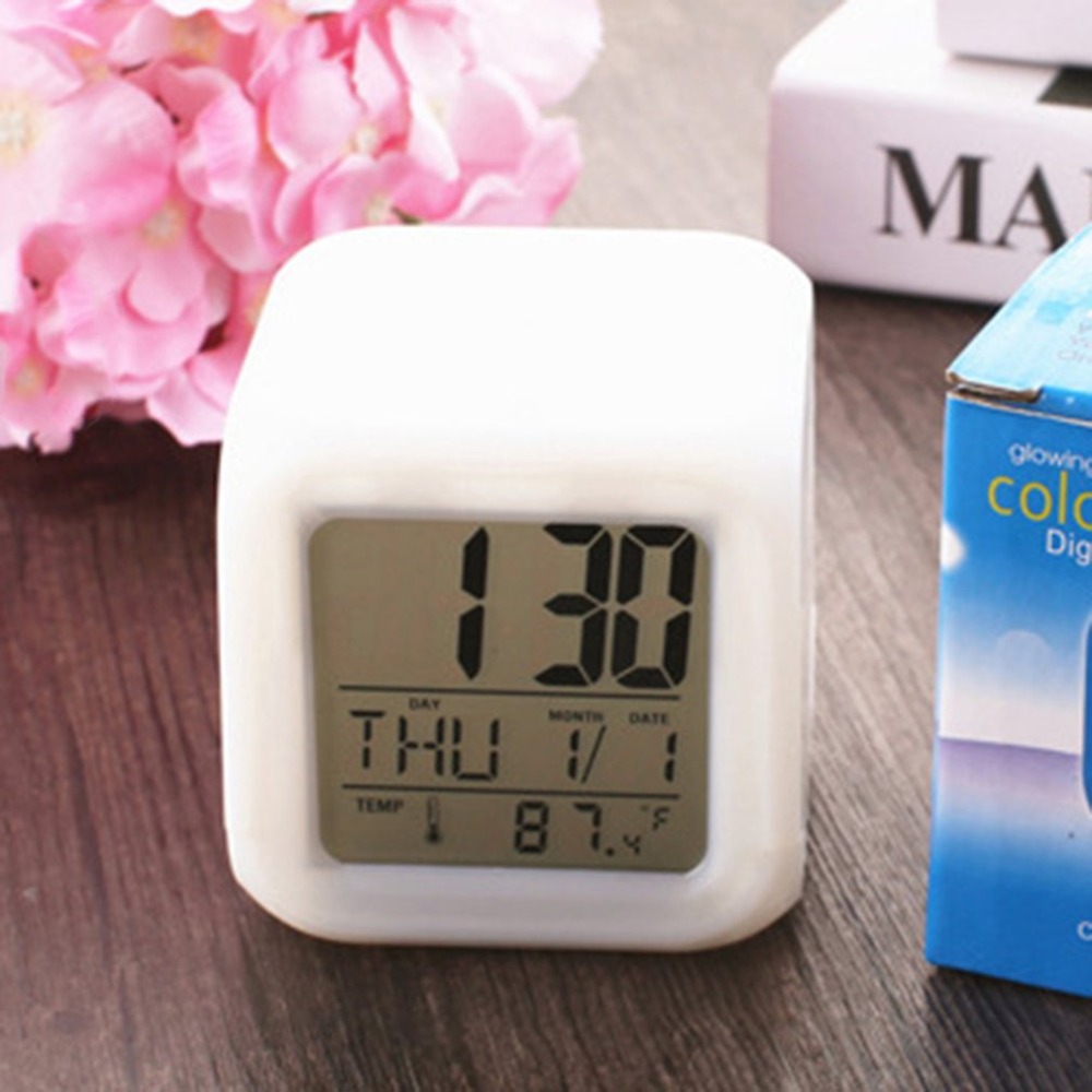 Portable Lovely 7 Colors Change Square Digital Alarm Clock with LCD Screen Display Luminous Mode Home Office Use