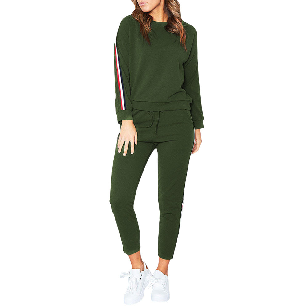 Trainingspak vrouwen grote maten 2 STUKS Trainingspakken Set Dames Gestreepte Actieve Sport Loungewear # D: L / Army Green