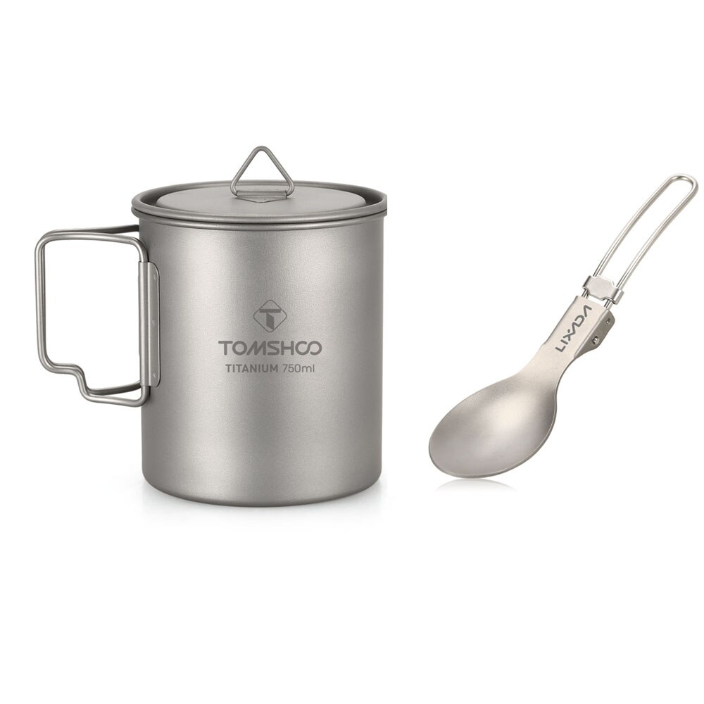 TOMSHOO Ultralight Tazza di Titanio 750ml Tazza di Acqua Tazza di Titanio Cucchiaio Spork Campeggio Esterna Tazza di Acqua Tazza con Manico Pieghevole: Cup e  cucchiaio