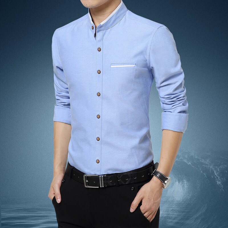 Mode Casual Mannen Shirt Lange Mouw Mandarijn Kraag Slim Fit Mannen Koreaanse Bedrijf Heren Dress Shirts Mannen Kleding M-5XL: Wathet / XXXL