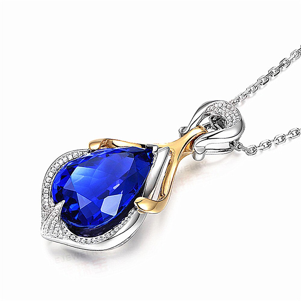 Grand luxe 10 carats bleu cristal saphir pierres précieuses diamants pendentif colliers pour femmes or blanc argent couleur tour de cou bijoux