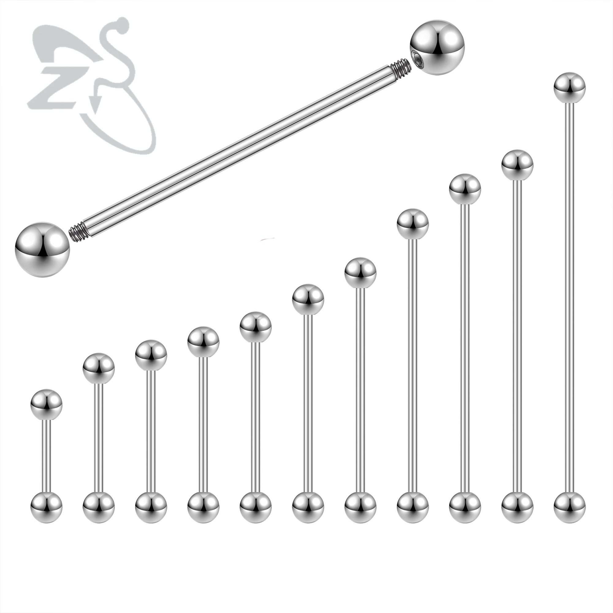 ZS 1 pieza 14G/16G Acero inoxidable largo Industrial Piercing barra cartílago pendiente Piercing 12/14/16/18/20/24/28/32/40/45/48/60mm