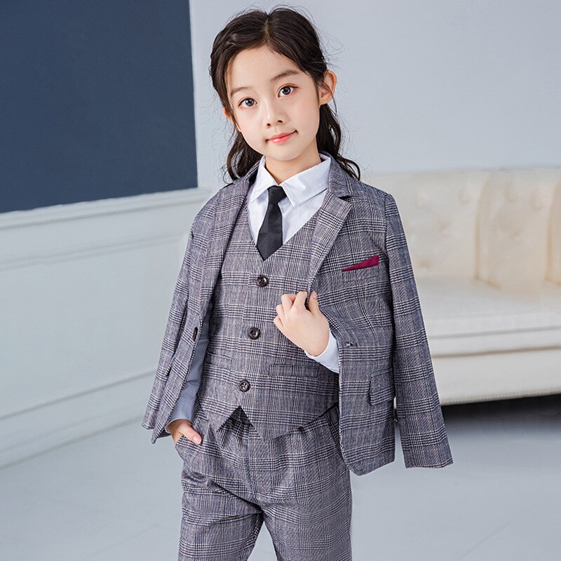 Blazer pequeño a cuadros para niñas, traje de boda, ropa escolar para actuaciones, combina con todo, gris, 5 piezas, LB258