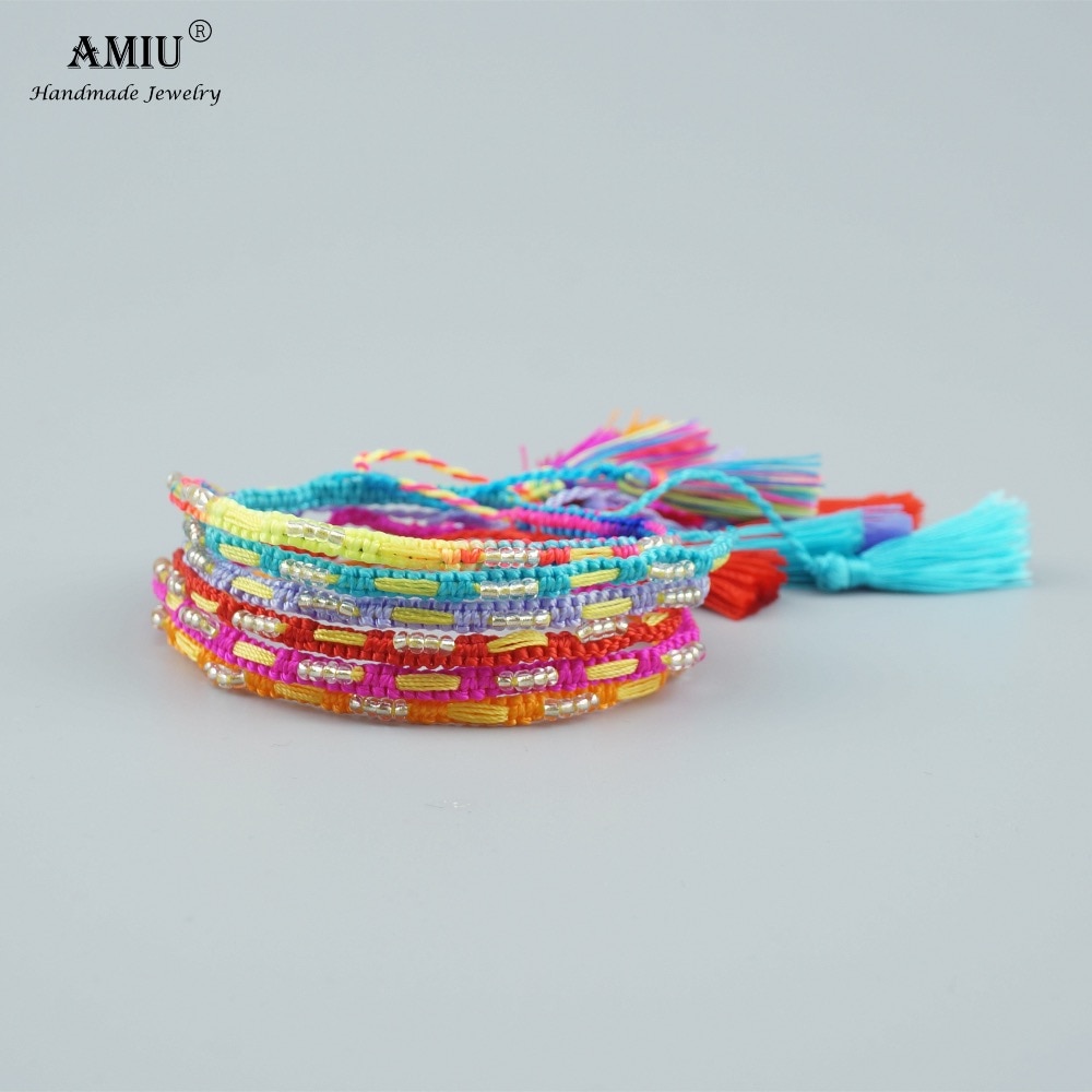 Amiu 6Pcs Bohemian Weave Rainbow Vriendschap Armband Braziliaanse Geweven Touw String Handgemaakte Armbanden Verpakking Sets Voor Vrouwen Mannen