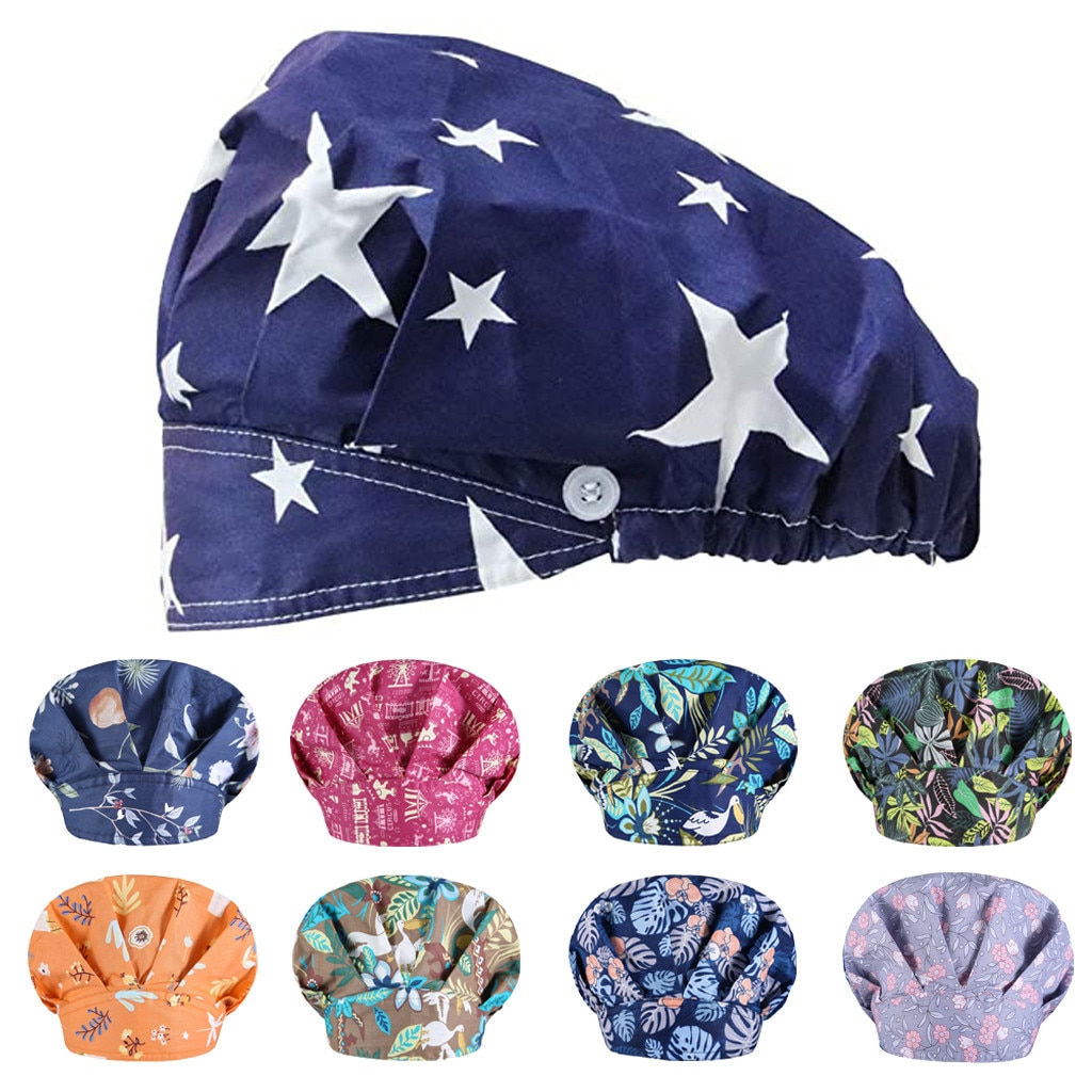 Scrub verpleegkundige hoed knopen bedrukte gorros quirurgicos bouffant sanitaire muts met zweetband cartoon print verpleegkundige mutsen scrub muts