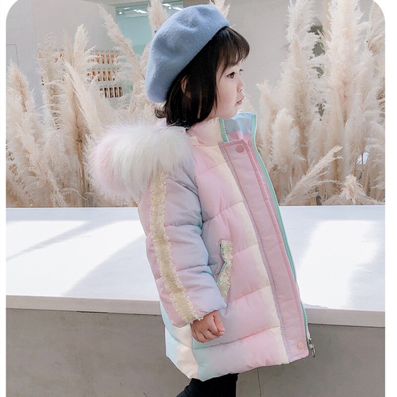 DFXD Children Girl Winter Long Rainbow Down Cotton Jacket Fur Collar Hooded Thicken Warm Kids Outwear Parka For 1-7Yrs