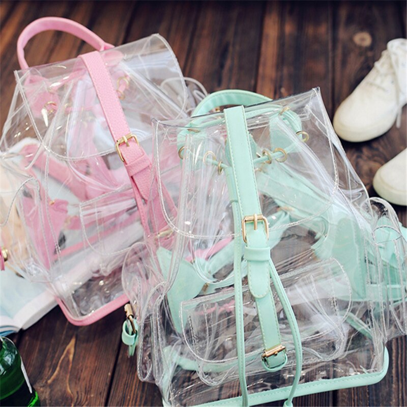 Afslappet pige lyserød klar vandtæt gennemsigtig sød rygsæk slikfarvet gelé skoletaske teenagere rejsetaske