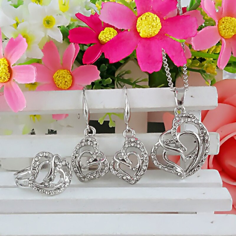trendy Newest Rose Crystal African Costume Jewelry for Women Heart Shape Necklace Earrings Ring Sets: silver