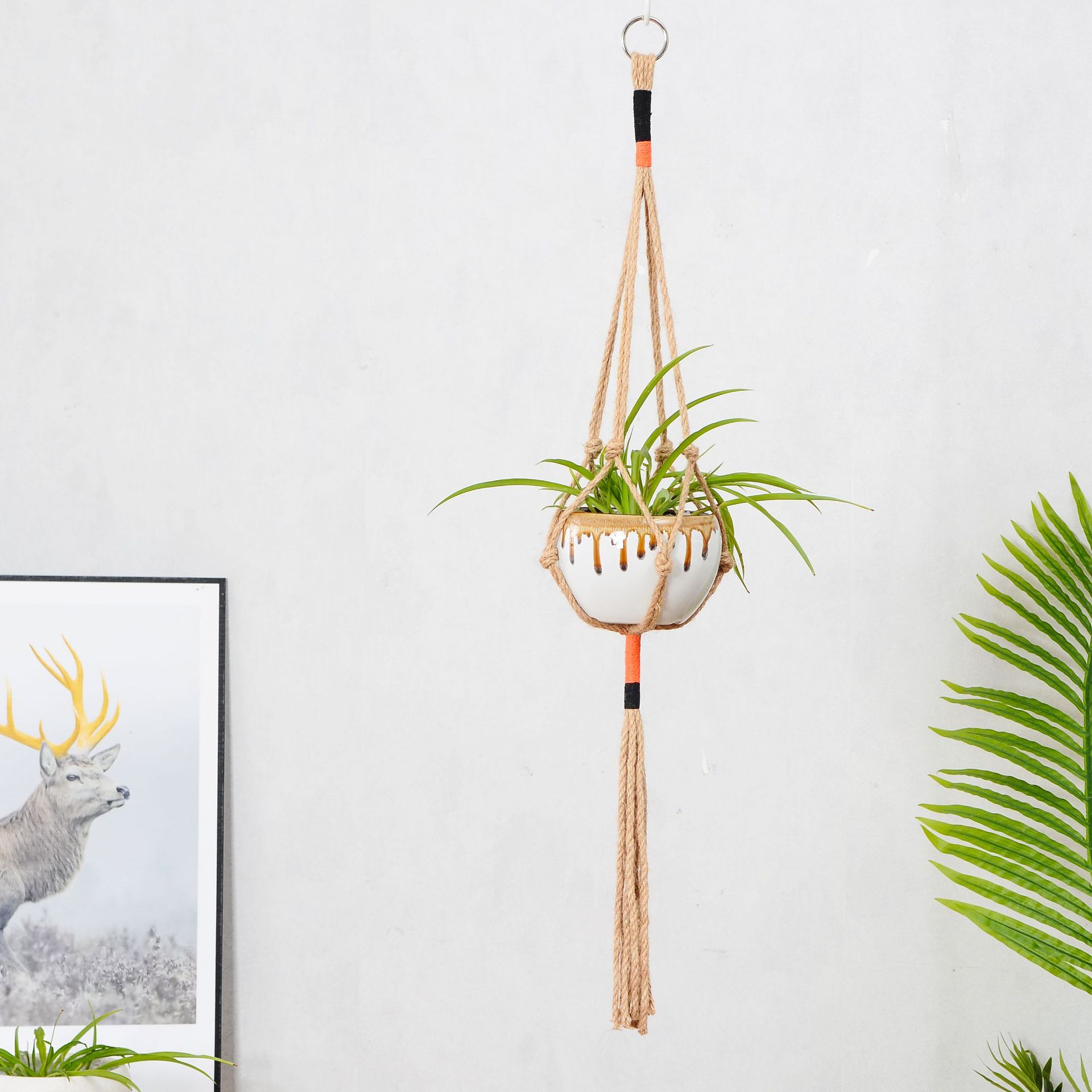 Huishoudelijke tuin handgeweven touwzak, eenvoudige stijl tuinieren natuurlijk henneptouw bloempot groene plant hangend type tuck net
