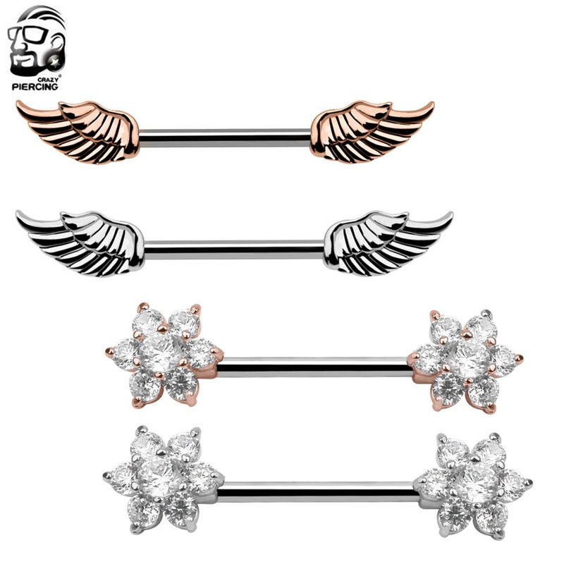 1 paar Rvs Unisex Charme Persoonlijkheid Alloy Wing/Bloem Barbell Tepel Ring Body Piercing Sieraden Voor Vrouwen