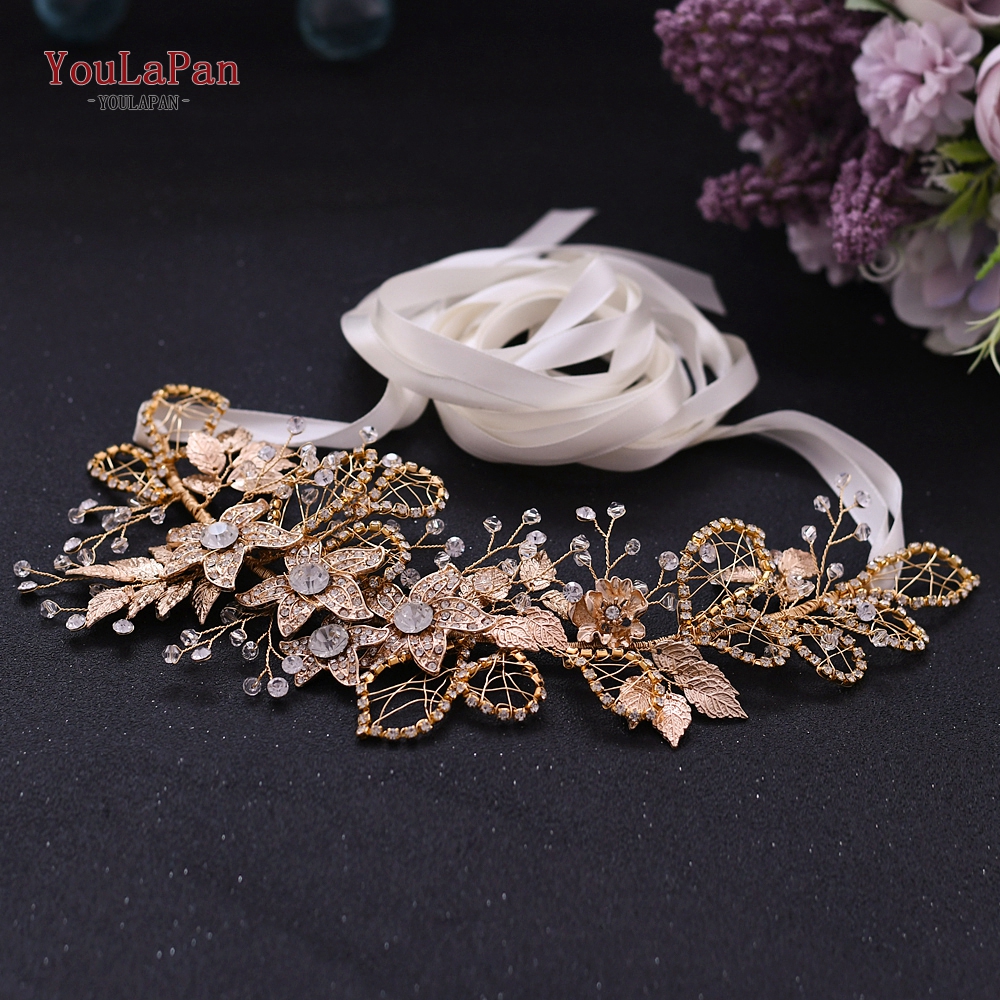 YouLaPan, cinturón Floral con diamantes de imitación, cinturón dorado para mujer, cinturón brillante, cinturones de boda para señora, cinturón nupcial con flores doradas SH282: Off-White ribbon