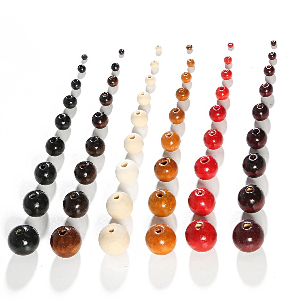 Perles Rondes en Bois Naturel, Noires, Brunes, Rouges, pour Travaux Manuels, Accessoires de Bijouterie, 4, 6, 8, 10, 12, 14, 16, 18, 20mm, Lot de 20 à 100 Pièces