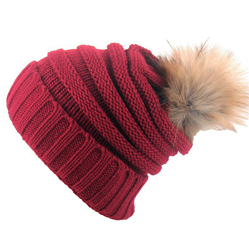 Winter Hat Casual Beanies Women Warm Knitted Winter Hat Solid Beanie Hat Wool Fur Bobble Ball Pompom Outdoor Equipment