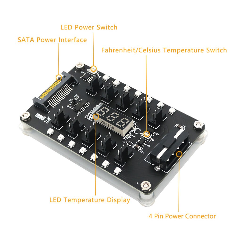 12V 4 Pin Cooling Fan 10 Ports RGB Hub Splitter PC Chassis Cooler Controller LED Temperature Display Computer Monitor Adapter